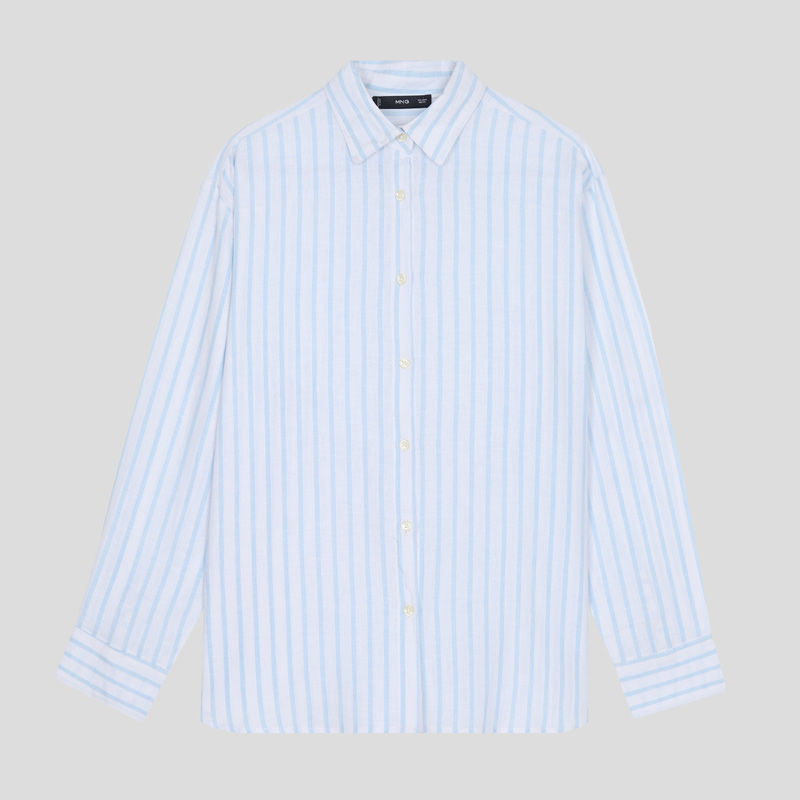 تصویر از شومیز لینن استرایپ کارامل بلو منگو