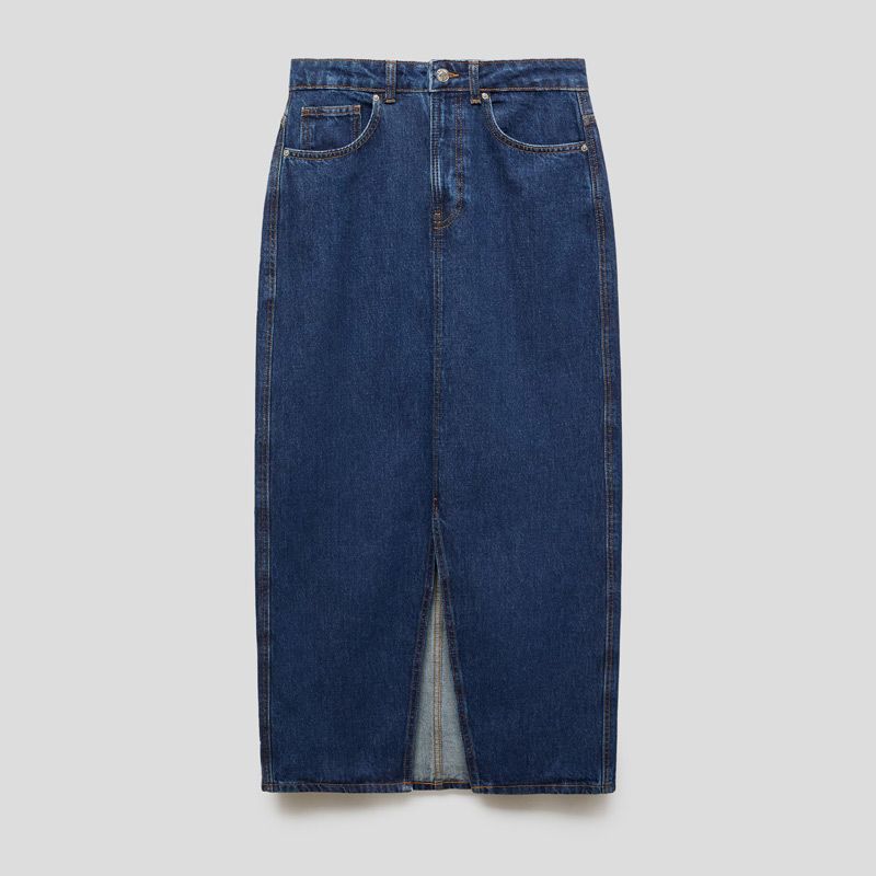 تصویر از دامن جین لانگ جلو چاک دارک بلو